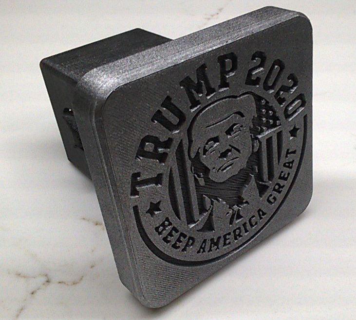 Trump 2020 Keep America Great - Hitch Cover - Sprayed with Rust-oleum Metallic Silver paint.  Lightly spray front face at a steep angle, almost parallel to the face, not perpendicular. The concept is to leave the recessed embossed area darker. A light coating gives the effect of cast metal / pewter. - 3d model